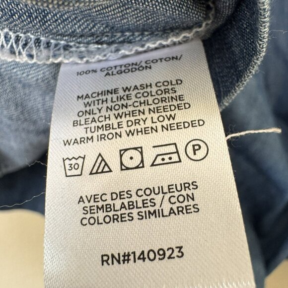 LOFT Denim Shirt Women Size Med Popover Blouse Top Short Sleeve Strappy Back - Picture 6 of 7